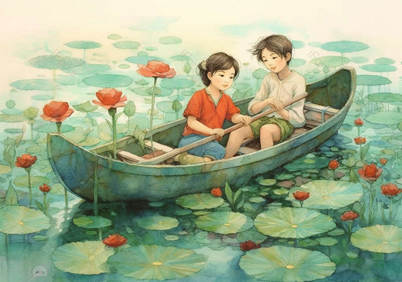 绿色盛夏清新兄妹荷塘戏水插画背景,插画/手绘图,插画/手绘图库,插画/手绘图下载,插画/手绘